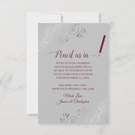 Elegantes Silver Lace Burgundy auf Gray Foto Weddi Save The Date (Rückseite)