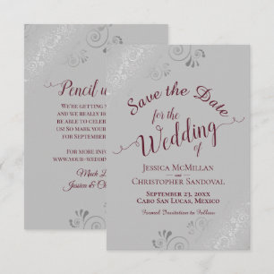Elegantes Silver Lace Burgundy auf Gray Wedding Save The Date