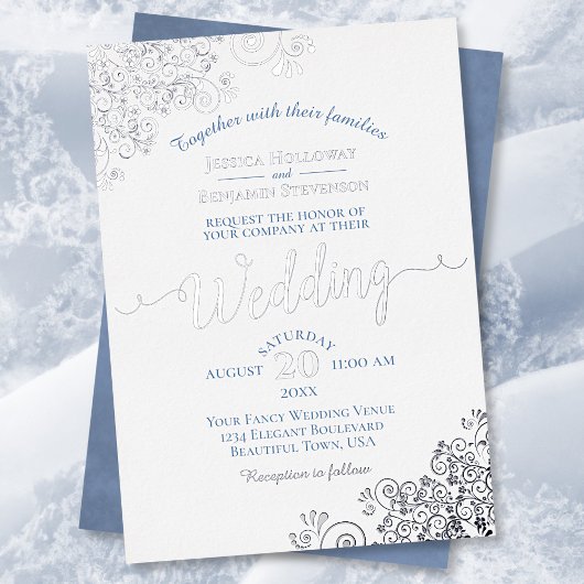 Elegantes Silver Lace & Dusty Blue auf White Weddi Folieneinladung