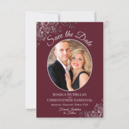 Elegantes Silver Lace & Foto auf Burgunder Hochzei Save The Date