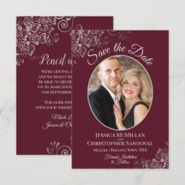Elegantes Silver Lace & Foto auf Burgunder Hochzei Save The Date