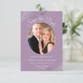 Elegantes Silver Lace & Foto auf der Lavendelhochz Save The Date (Stehend Vorderseite)