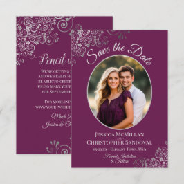 Elegantes Silver Lace & Foto auf Magenta Wedding Save The Date