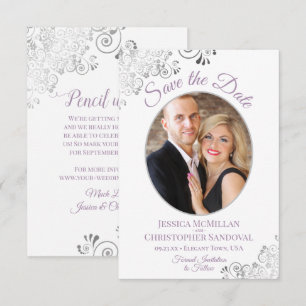 Elegantes Silver Lace Foto Lavender & White Weddin Save The Date
