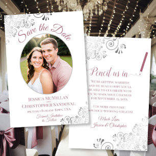 Elegantes Silver Lace Foto Mauve auf White Wedding Save The Date