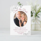Elegantes Silver Lace Foto Mauve auf White Wedding Save The Date (Stehend Vorderseite)