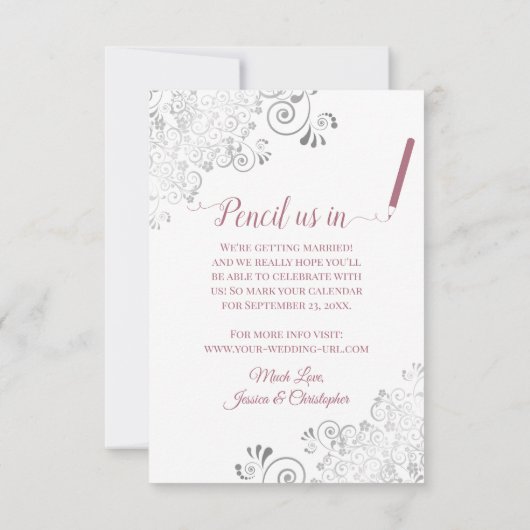 Elegantes Silver Lace Foto Mauve auf White Wedding Save The Date (Rückseite)