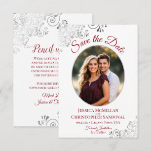 Elegantes Silver Lace Foto Red auf White Wedding Save The Date