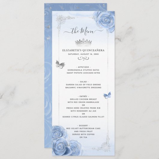 Elegantes Silver Light Blue Rose Wasserfarbene Blu Menükarte (Vorne/Hinten)