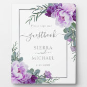 Elegantes Silver & Lila Floral Wedding Guestbook Fotoplatte (Vorderseite)