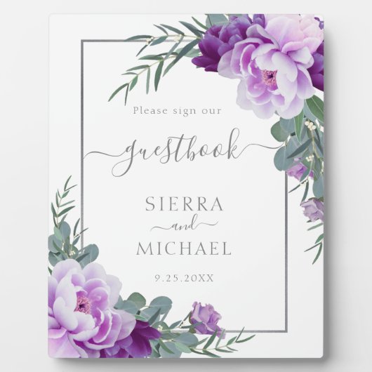 Elegantes Silver & Lila Floral Wedding Guestbook Fotoplatte (Vorderseite)