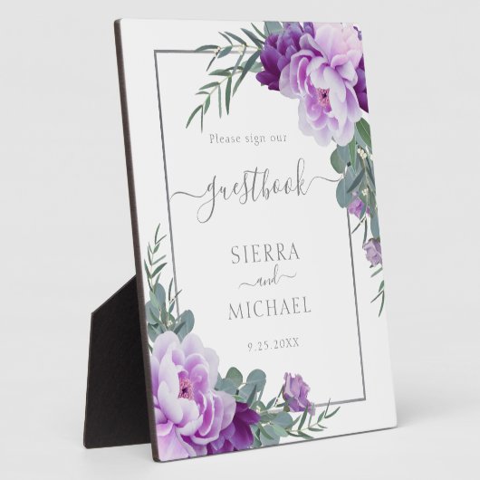 Elegantes Silver & Lila Floral Wedding Guestbook Fotoplatte (Seite)