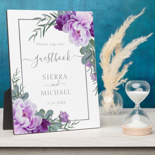 Elegantes Silver & Lila Floral Wedding Guestbook Fotoplatte (Seite)