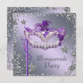Elegantes Silver Lila Masquerade Party Einladung (Vorne/Hinten)