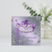 Elegantes Silver Lila Masquerade Party Einladung (Stehend Vorderseite)