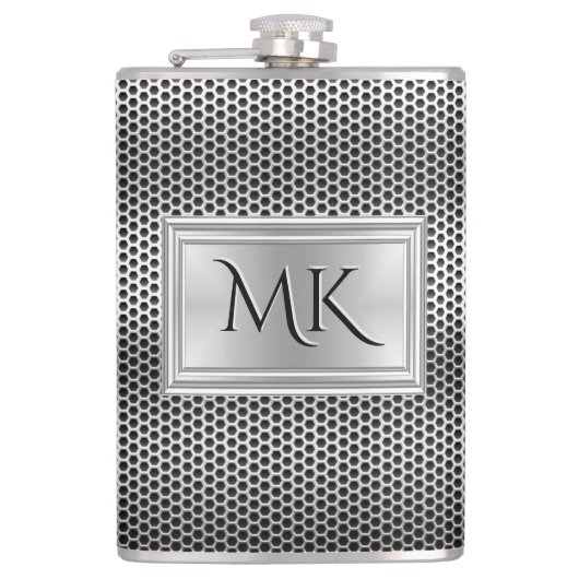 Elegantes Silver Metal Mesh-Look Monogram Flachmann (Vorderseite)