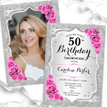 Elegantes Silver Pink Foto 50. Geburtstag Einladung<br><div class="desc">Elegante florale feminine 50. Geburtstagseinladung mit Ihrem Foto auf der Kartenrückseite. Glam-Design mit Imitaten Glitzer Silber. Verfügt über silberne Streifen, rosa Rosen, Skript-Schriftart und Konfetti. Ideal für ein stilvolles Party für Erwachsene. Personalisieren Sie Ihre persönlichen Daten. Kann für jedes Alter angepasst werden! Gedruckte Zazzle Einladungen oder Sofortdownload digitalen druckbaren Vorlage....</div>