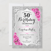 Elegantes Silver Pink Foto 50. Geburtstag Einladung (Vorderseite)