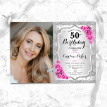 Elegantes Silver Pink Roses Foto 50. Geburtstag Einladung<br><div class="desc">Elegante florale feminine 50. Geburtstagseinladung mit Ihrem Foto. Glam-Design mit Imitaten Glitzer Silber. Enthält Streifen,  rosa Rosen,  Skript-Schriftart und Konfetti. Ideal für ein stilvolles Party für Erwachsene. Personalisieren Sie Ihre persönlichen Daten. Kann für jedes Alter angepasst werden! Gedruckte Zazzle Einladungen oder Sofortdownload digitalen druckbaren Vorlage.</div>