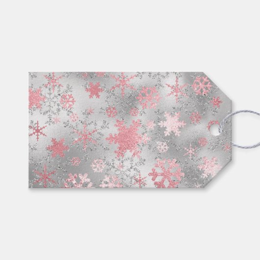 Elegantes Silver Pink Weihnachten Schneeflockenmus Geschenkanhänger (Vorderseite (Horizontal))