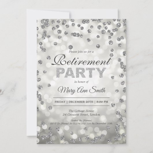Elegantes Silver Retirement Party Confetti & Light Einladung (Vorderseite)
