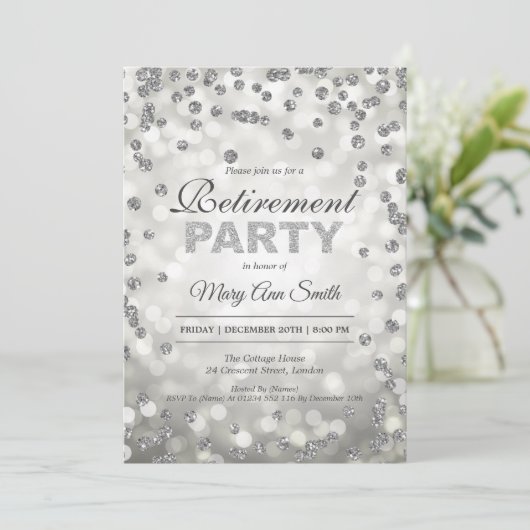 Elegantes Silver Retirement Party Confetti & Light Einladung (Stehend Vorderseite)