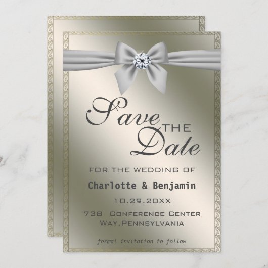 Elegantes Silver Ribbon & Gemstone Save the Date (Vorne/Hinten)