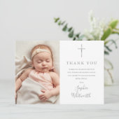 Elegantes Silver Script Taufe Christening Foto Dankeskarte (Stehend Vorderseite)