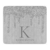 Elegantes Silver Sparkle Glitzer Tropfen Monogram Schneidebrett (Vorderseite)