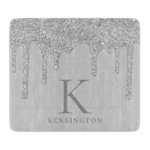 Elegantes Silver Sparkle Glitzer Tropfen Monogram Schneidebrett