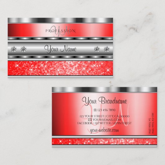 Elegantes Silver Sparkling Ruby Red Glitzer Monogr Visitenkarte (Vorne/Hinten)
