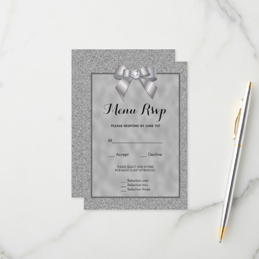 Elegantes Silver & Stylish Glitzer Menu UAWG RSVP Karte (Vorderseite/Rückseite Beispiel)