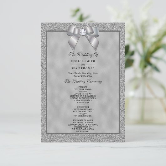 Elegantes Silver & Stylish Glitzer Wedding Program (Stehend Vorderseite)