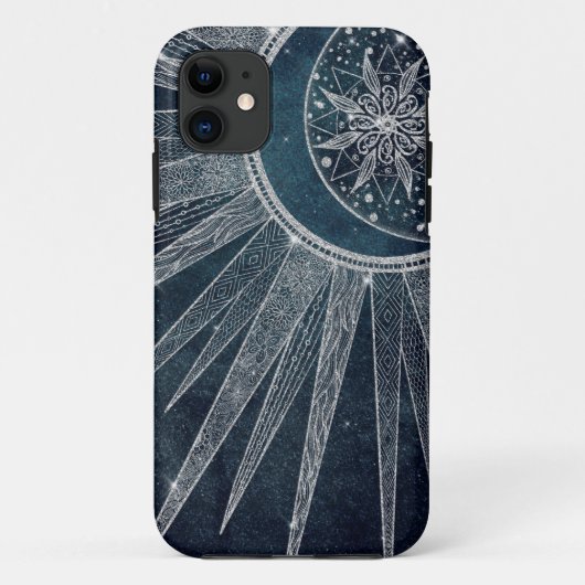 Elegantes Silver Sun Moon Doodle Mandala Blue Desi Case-Mate iPhone Hülle (Rückseite)