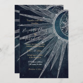 Elegantes Silver Sun Moon Doodle Mandala Blue Desi Einladung (Vorne/Hinten)