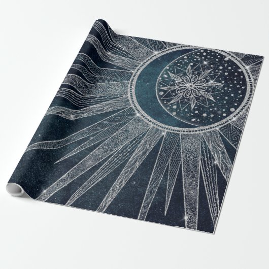 Elegantes Silver Sun Moon Doodle Mandala Blue Desi Geschenkpapier (Ungerollt)