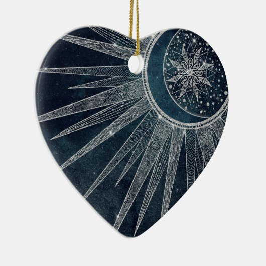 Elegantes Silver Sun Moon Doodle Mandala Blue Desi Keramik Ornament (Rechts)