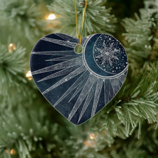 Elegantes Silver Sun Moon Doodle Mandala Blue Desi Keramik Ornament (Baum)