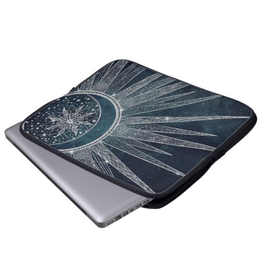 Elegantes Silver Sun Moon Doodle Mandala Blue Desi Laptopschutzhülle (Vorne Knopf)