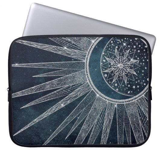 Elegantes Silver Sun Moon Doodle Mandala Blue Desi Laptopschutzhülle (Vorderseite)