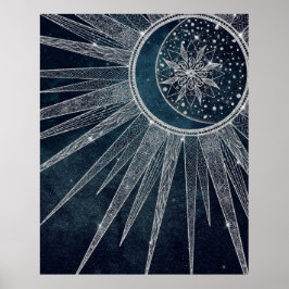 Elegantes Silver Sun Moon Doodle Mandala Blue Desi Poster