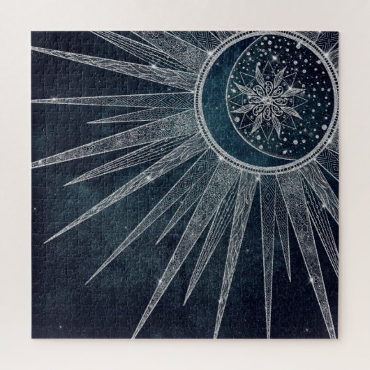 Elegantes Silver Sun Moon Doodle Mandala Blue Desi Puzzle (Vertikal)