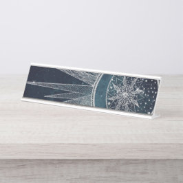 Elegantes Silver Sun Moon Doodle Mandala Blue Desi Schreibtischnamensplakette