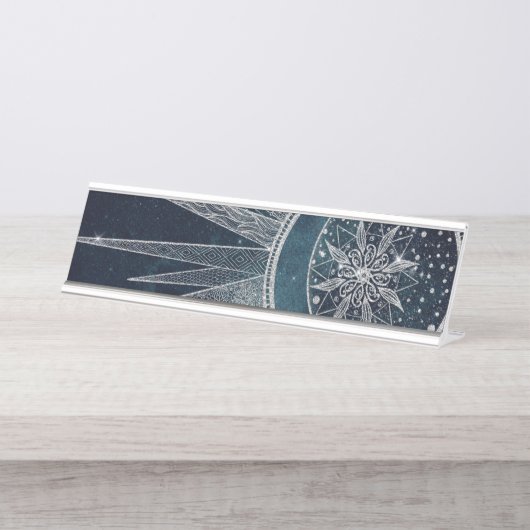 Elegantes Silver Sun Moon Doodle Mandala Blue Desi Schreibtischnamensplakette (Vorderseite )