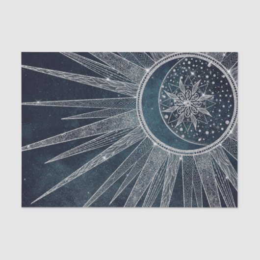 Elegantes Silver Sun Moon Doodle Mandala Blue Desi Seidenpapier (Vorderseite)
