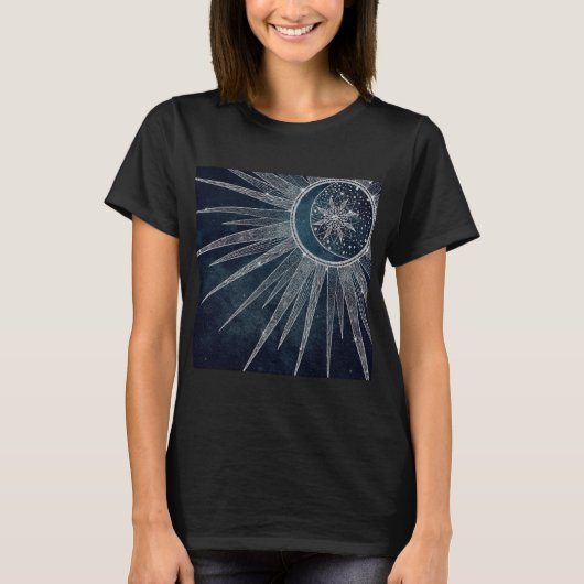 Elegantes Silver Sun Moon Doodle Mandala Blue Desi T-Shirt (Vorderseite)