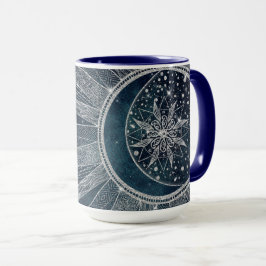 Elegantes Silver Sun Moon Doodle Mandala Blue Desi Tasse