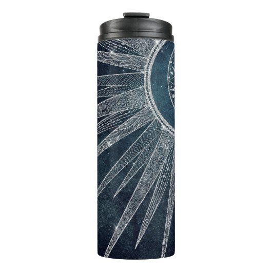 Elegantes Silver Sun Moon Doodle Mandala Blue Desi Thermosbecher (Vorderseite)