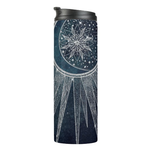 Elegantes Silver Sun Moon Doodle Mandala Blue Desi Thermosbecher (Nach rechts gedreht)