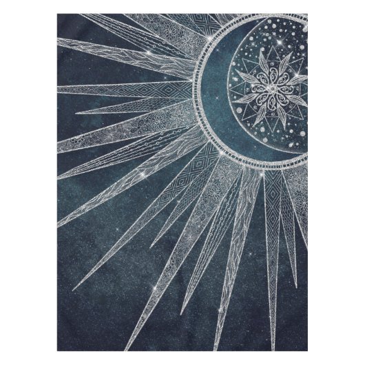 Elegantes Silver Sun Moon Doodle Mandala Blue Desi Tischdecke (Vorderseite)